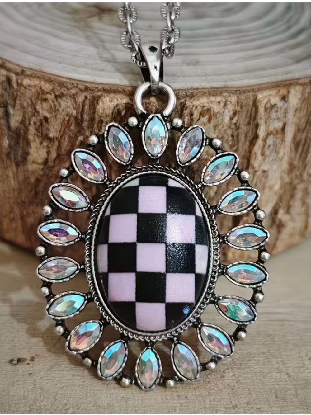 Silver Tone Oval Pendant Necklace Pink/Black Checker Iridescent, 25.6in